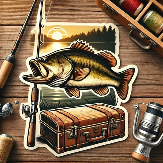 Vinyl sticker: Laptop Wall Car Window Bumper Sticker Waterproof Auto Water Bottle Decal Truck – Largemouth Bass on Dock with Vintage Rod Georgia State Fish Rustic Fishing Gear Scene