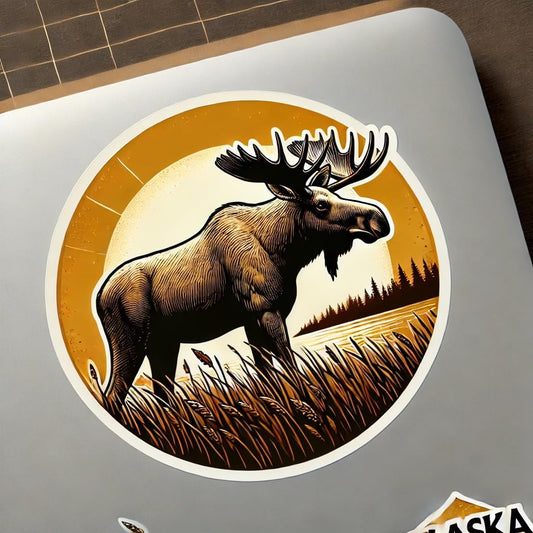 Vinyl sticker: Alaska Moose Laptop Wall Car Window Bumper Sticker Decal Truck Waterproof Auto Water Bottle Golden Sunset Design