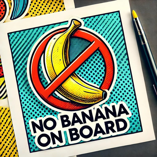 Vinyl sticker: "No Banana on Board Pop Art Waterproof Car Bumper Sticker Decal for Truck, Laptop, Window, Auto, and Water Bottle"