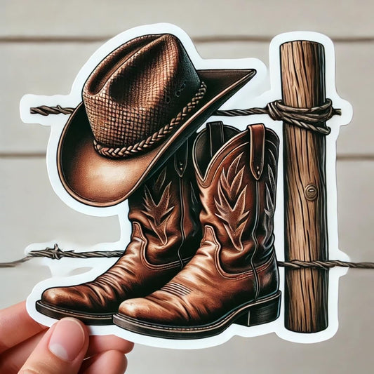 Vinyl sticker: Cowboy Hat on Fence Post and Boots Laptop Wall Car Window Bumper Sticker Decal Truck Waterproof Auto Water Bottle (8)
