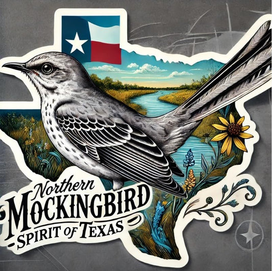 Vinyl sticker: Mockingbird Spirit of Texas Sticker for Laptop, Wall, Car, Window, Bumper, Waterproof Decal for Truck and Water Bottle