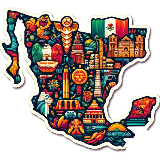 Vinyl sticker: Vibrant Mexican States Sticker: Colorful Collage of Mexico's Cultural Landmarks