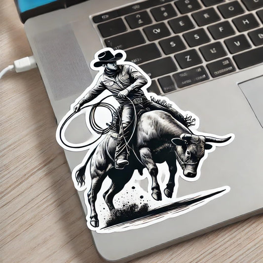 Vinyl sticker: Cowboy Lassoing Calf Rodeo Laptop Wall Car Window Bumper Sticker Decal Truck Waterproof Auto Water Bottle