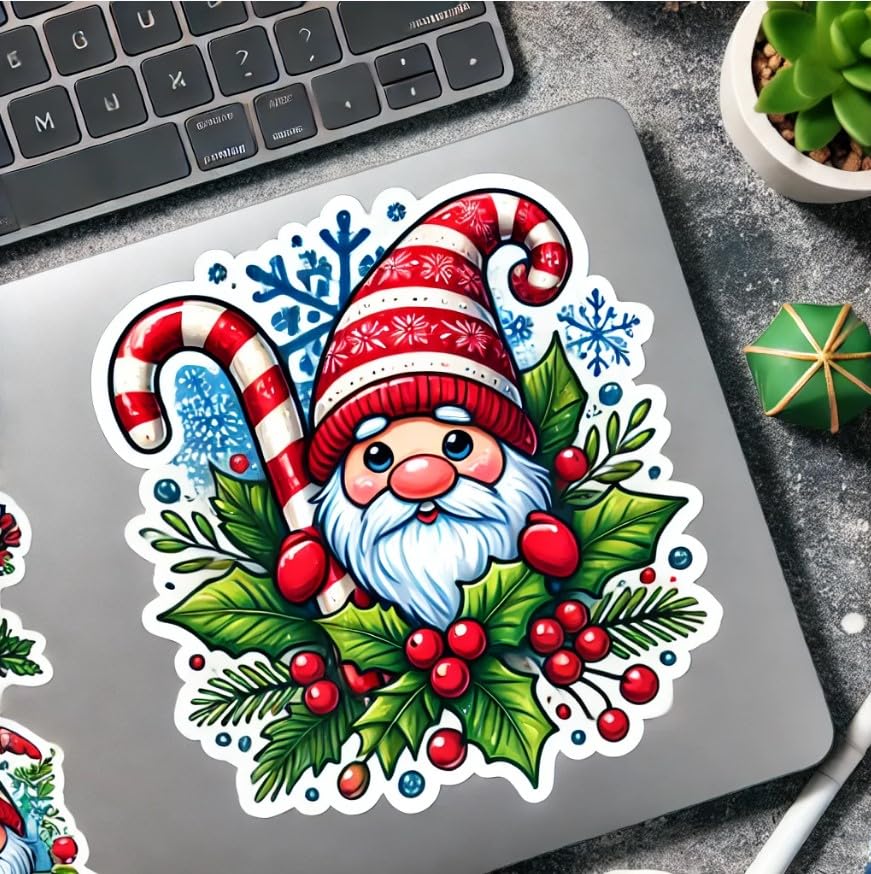 Vinyl sticker: Candy Cane Gnome Sticker for Laptop, Wall, Car, Window, Bumper, Waterproof Decal for Trucks, Water Bottles, and Holiday Decor