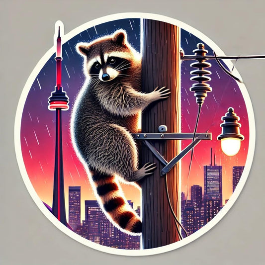 Vinyl sticker: Laptop Wall Car Window Bumper Sticker Decal Truck Waterproof Auto Water Bottle Toronto Trash Panda Realistic Raccoon Climbing Pole at Dusk with CN Tower Rainy Glow