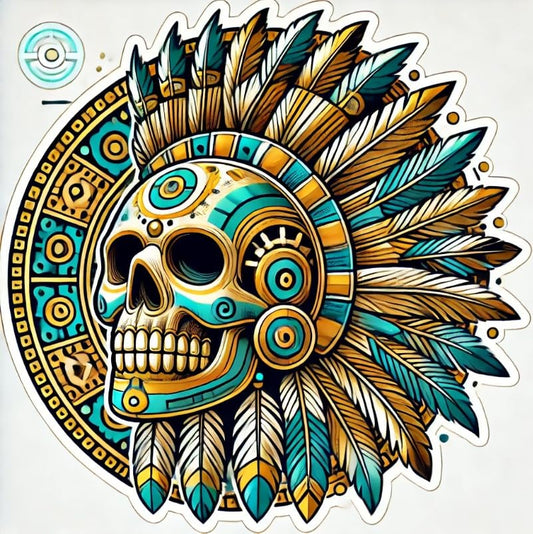 Vinyl sticker: Aztec Ritual Skull Sticker for Laptop, Wall, Car, Window, Bumper, Decal, Truck, Waterproof, Auto, Water Bottle – Sacred Symbols and Tribal Engravings