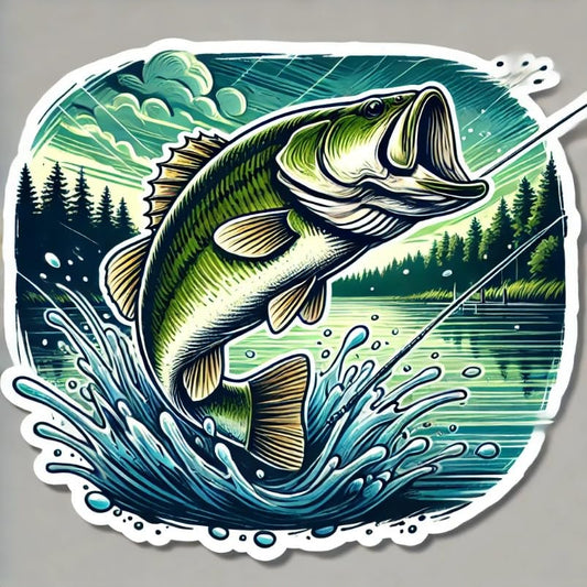 Vinyl sticker: Laptop Wall Car Window Bumper Sticker Waterproof Auto Water Bottle Decal Truck – Largemouth Bass Jumping from Georgia Lake State Fish with Forest Background Action Scene