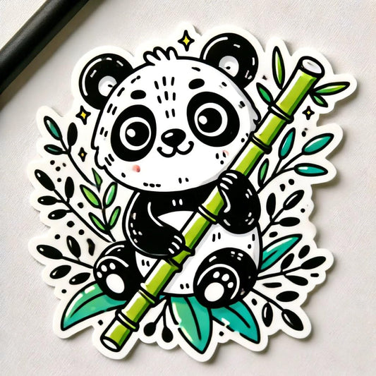 Vinyl sticker: Cute Panda Holding Bamboo Sticker Decal for Laptop, Wall, Car, Window, Bumper, Truck, Waterproof Auto, Water Bottle