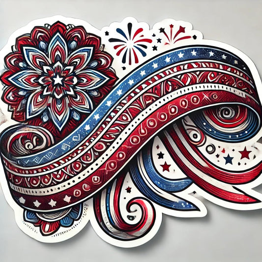 Vinyl sticker: 4th of July American Flag Ribbon Sticker for Laptop, Wall, Car, Window, Bumper, Water Bottle - Patriotic Decal with Mandala Center - Waterproof and Durable