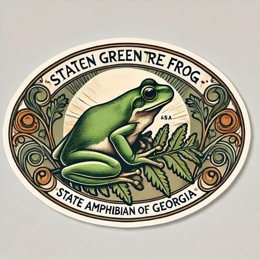 Vinyl sticker: Laptop Window Car Wall Waterproof Bumper Sticker Decal Truck Auto Water Bottle – Vintage American Green Tree Frog Georgia State Amphibian on Fern Oval Frame
