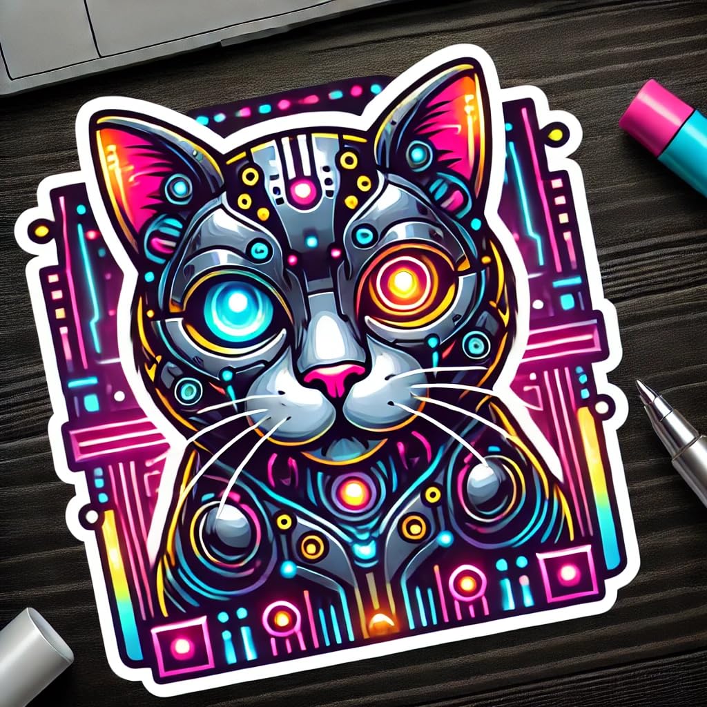 Vinyl sticker: Laptop Wall Car Window Bumper Sticker Decal Truck Waterproof Auto Water Bottle – Cyberpunk Cat with Neon Eyes and Futuristic Design (4)