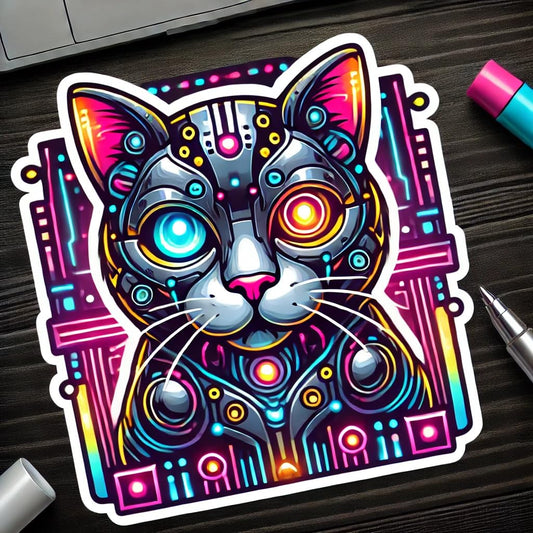 Vinyl sticker: Laptop Wall Car Window Bumper Sticker Decal Truck Waterproof Auto Water Bottle – Cyberpunk Cat with Neon Eyes and Futuristic Design (4)
