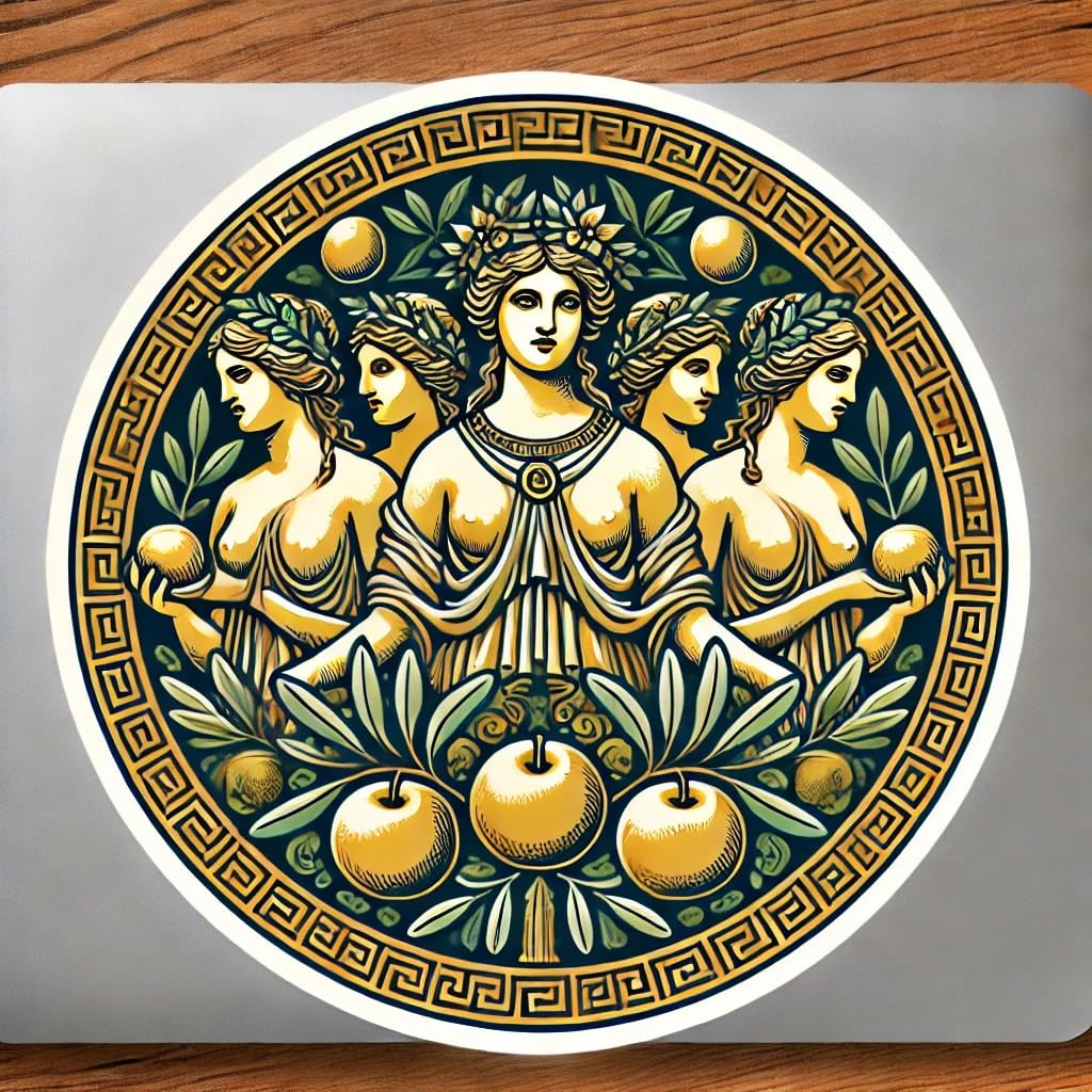 Vinyl sticker: Laptop Wall Car Window Bumper Sticker Decal - Hesperides with Olive Wreath and Greek Border Waterproof Vinyl for Auto and Water Bottle