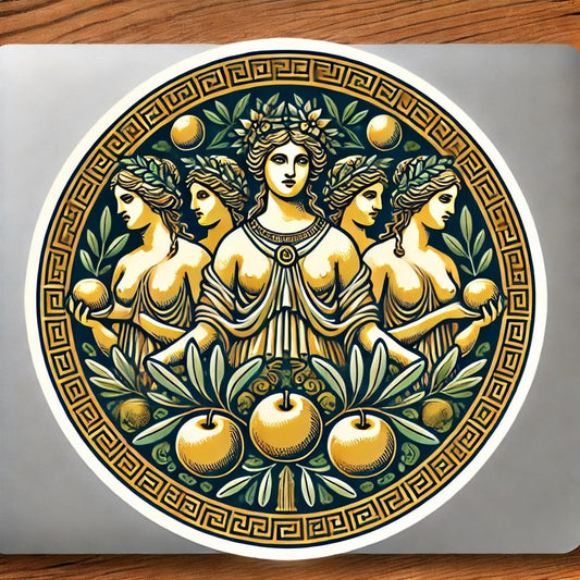Vinyl sticker: Laptop Wall Car Window Bumper Sticker Decal - Hesperides with Olive Wreath and Greek Border Waterproof Vinyl for Auto and Water Bottle