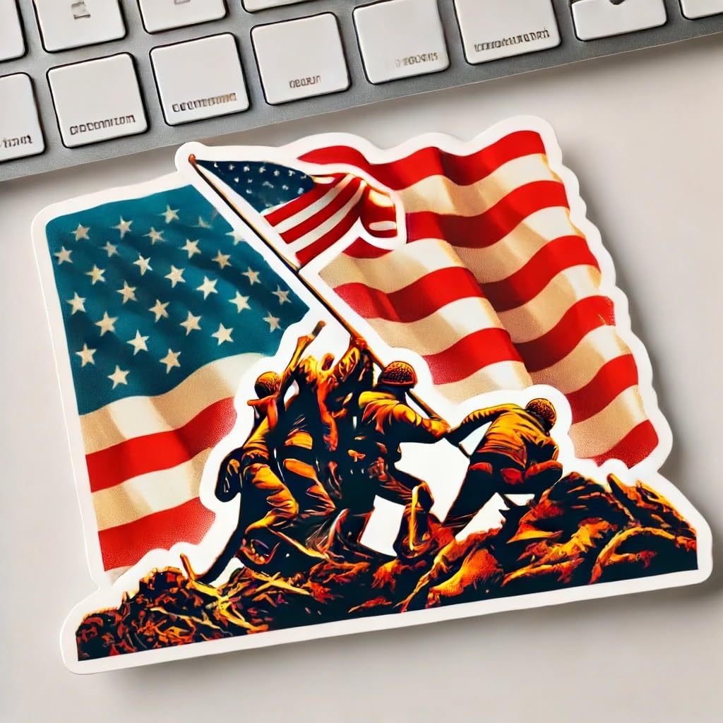 Vinyl sticker: Iwo Jima Flag Raising Sticker - Vibrant Vinyl Decal for Laptop, Wall, Car, Window, Bumper, Truck, Water Bottle - Iconic World War II Scene Design