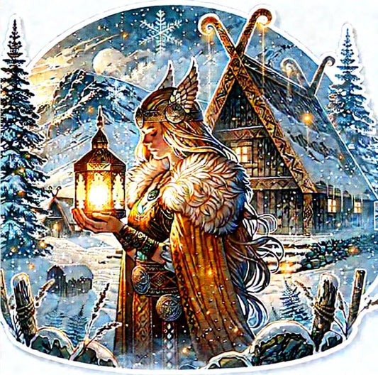 Vinyl sticker: Laptop Wall Car Window Bumper Sticker Decal Truck Waterproof Auto Water Bottle – Realistic Freyja Norse Goddess with Magical Lantern in Snowy Viking Winter Landscape