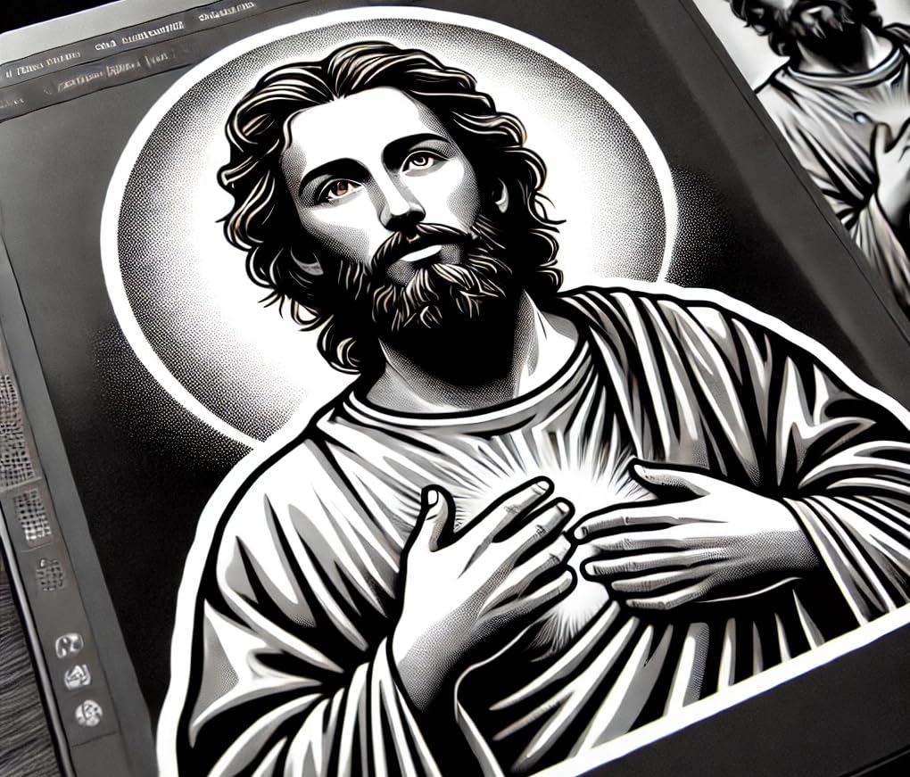 Vinyl sticker: Black and White Saint Judas Holding his Chest Religious Theme Sticker Decal for Laptop, Wall, Car, Window, Bumper, Truck, Waterproof Auto, Water Bottle