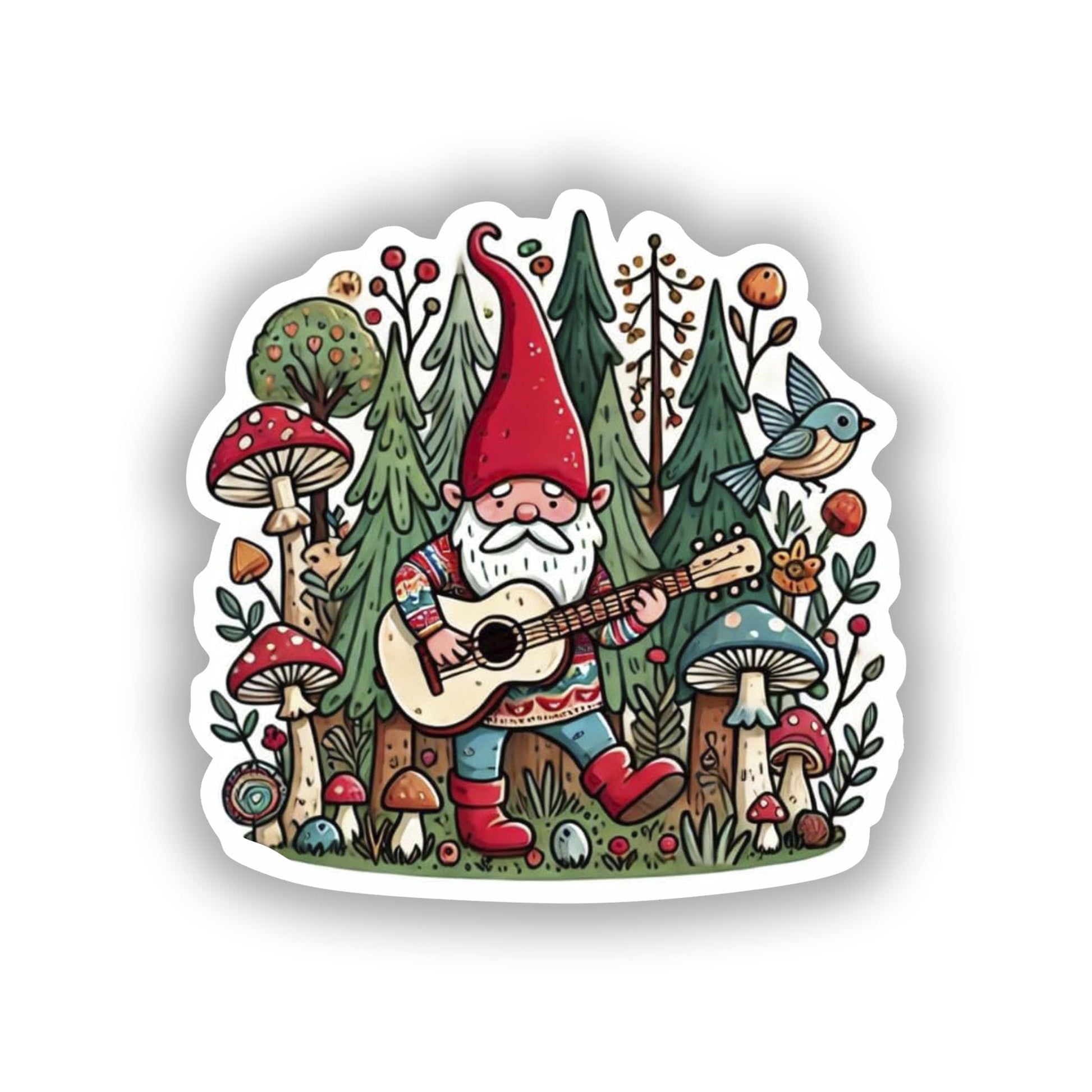 Vinyl sticker: Gnome Guitarist Laptop Wall Car Window Bumper Sticker Decal - Whimsical Forest Gnome Playing Guitar, Waterproof Vinyl for Trucks, Water Bottles, Auto, and More (6)