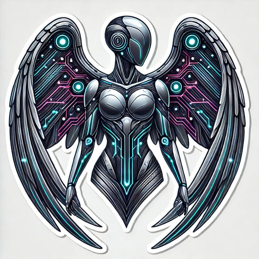 Vinyl sticker: Laptop Wall Car Window Bumper Sticker Decal Truck Waterproof Auto Water Bottle – Futuristic Angel with Holographic Metallic Wings and Neon Lights Design