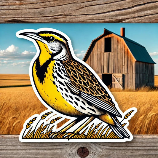 Vinyl sticker: Western Meadowlark on Barn Roof Waterproof Sticker for Laptop, Wall, Car, Window, Bumper, Decal for Truck, Auto, Water Bottle – Kansas Countryside Bird Vinyl