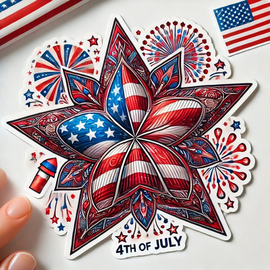 Vinyl sticker: 4th of July American Flag Star Sticker for Laptop, Wall, Car, Window, Bumper, Water Bottle - Patriotic Decal with Mandala Center - Waterproof and Durable (6)