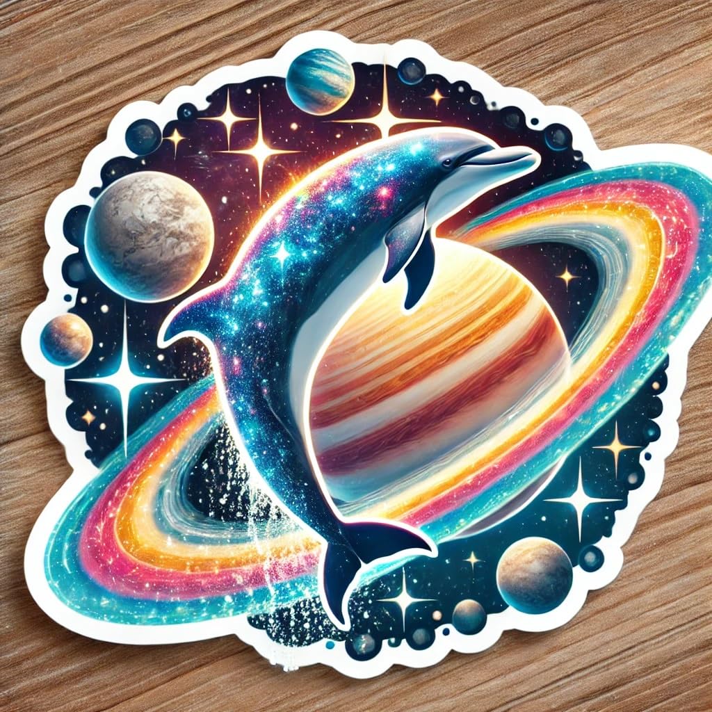 Vinyl sticker: Laptop Wall Car Window Bumper Sticker Decal Truck Waterproof Auto Water Bottle – Cosmic Dolphin Leaping Between Glowing Planets in Colorful Solar System with Galactic Light and Sparkle Trail