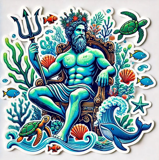 Vinyl sticker: Poseidon Sticker with Coral Throne and Marine Creatures for Laptop, Car, Water Bottle, Waterproof Vinyl Decal for Auto, Truck, and Wall Decoration