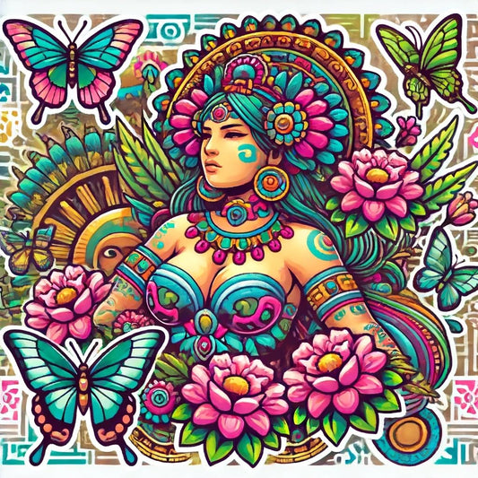 Vinyl sticker: Aztec Xochiquetzal Goddess of Love Sticker - Graceful Design with Flowers and Butterflies for Laptop, Wall, Car, Window, Bumper, Waterproof Decal for Truck, Auto, Water Bottle