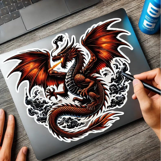 Vinyl sticker: Dragon Car, Laptop, Wall, Window, Bumper Sticker – Dynamic Dragon with Fiery Accents and Smoke, Waterproof Decal for Auto, Water Bottles, and Trucks
