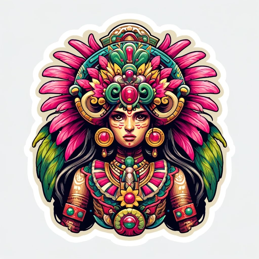 Vinyl sticker: Aztec Goddess Xochiquetzal Sticker - Beautiful Human Form Goddess Decal for Laptop, Wall, Car, Window, Bumper, Water Bottle, and More