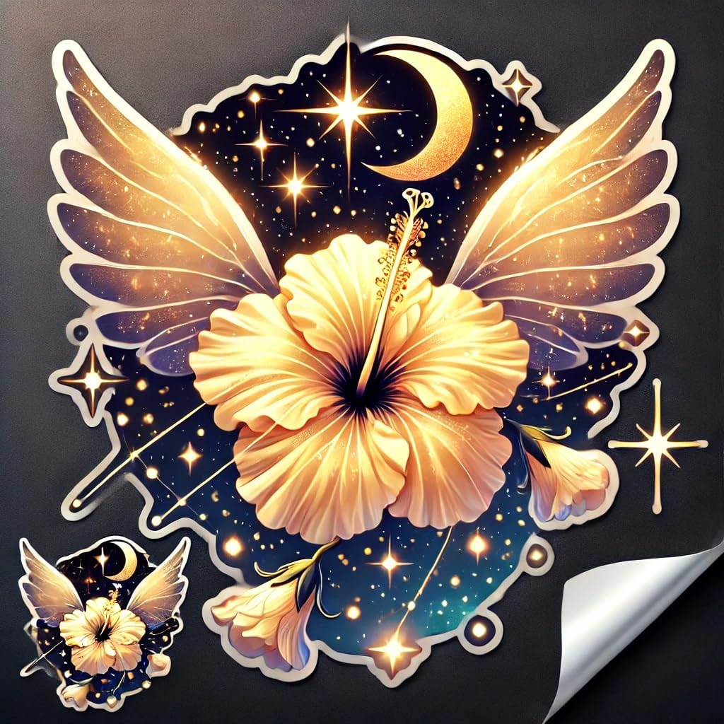 Vinyl sticker: Laptop Bumper Window Wall Car Waterproof Sticker Decal - Fantasy Hibiscus brackenridgei Growing on Floating Crystal Island with Clouds and Rainbows (6)