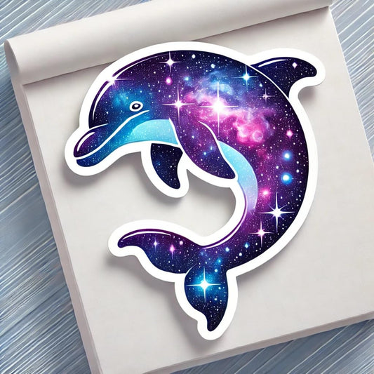 Vinyl sticker: Laptop Wall Car Window Bumper Sticker Decal Truck Waterproof Auto Water Bottle – Mystical Dolphin Composed of Galaxy Stars and Floating Cosmic Dust in Serene Void of Space with Celestial Glow