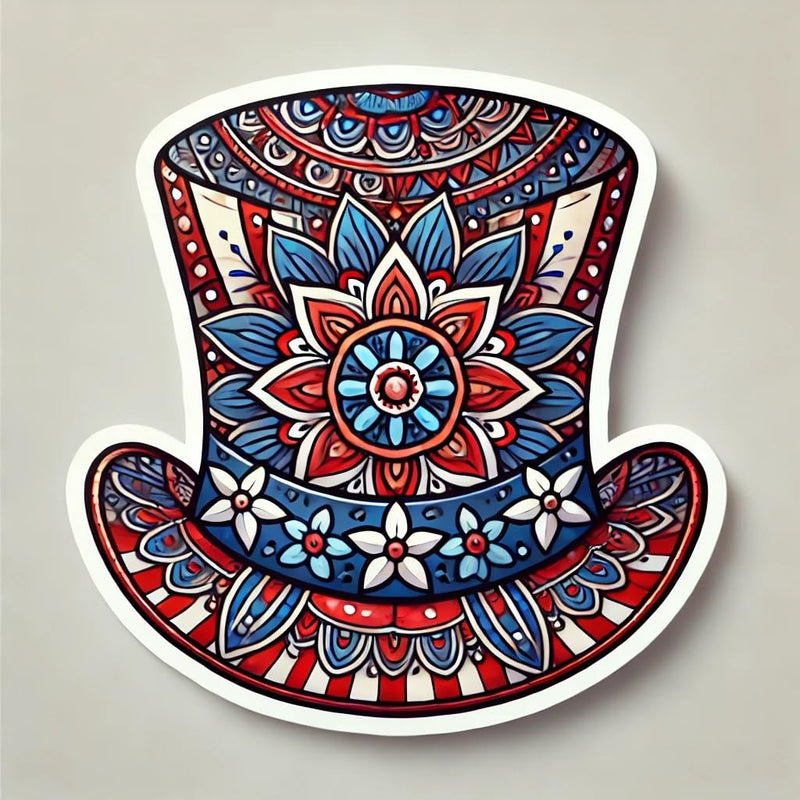 4th of July Uncle Sam Hat Sticker for Laptop, Wall, Car, Window, Bumper, Water Bottle - Patriotic Decal with Mandala Center - Waterproof and Durable