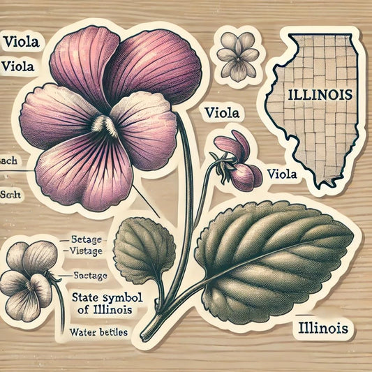 Vinyl sticker: Laptop Wall Car Window Bumper Sticker Decal Truck Waterproof Auto Water Bottle – Vintage Botanical Violet Viola Flower Illinois Emblem with Labeled Parts and Natural Parchment Style
