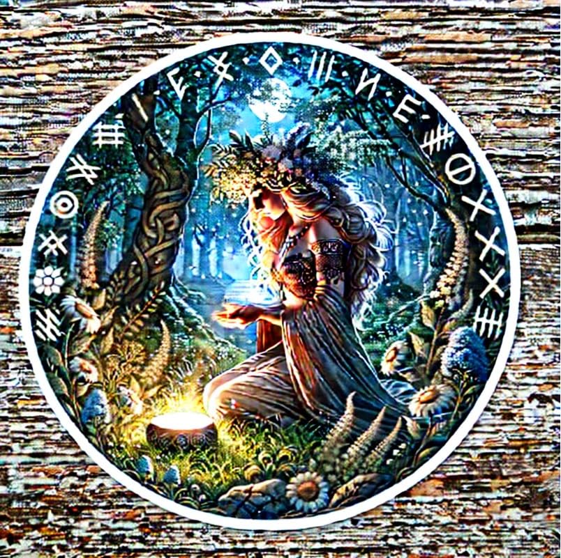 Vinyl sticker: Laptop Wall Car Window Bumper Sticker Decal Truck Waterproof Auto Water Bottle – Realistic Freyja Norse Goddess in Petal Robe with Glowing Bowl in Sacred Grove at Dusk (6)