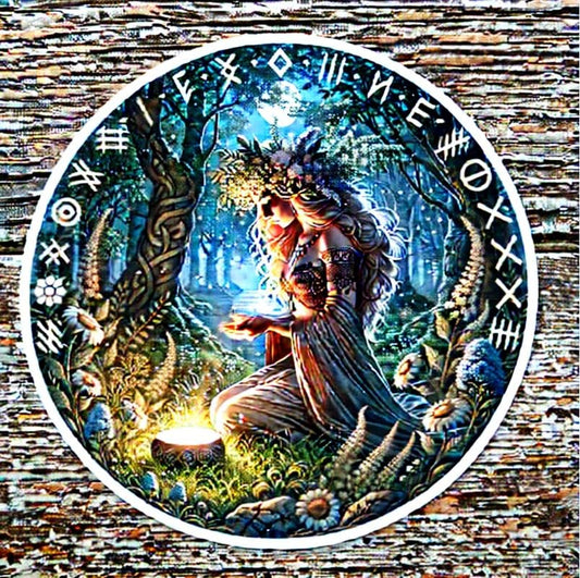 Vinyl sticker: Laptop Wall Car Window Bumper Sticker Decal Truck Waterproof Auto Water Bottle – Realistic Freyja Norse Goddess in Petal Robe with Glowing Bowl in Sacred Grove at Dusk (6)
