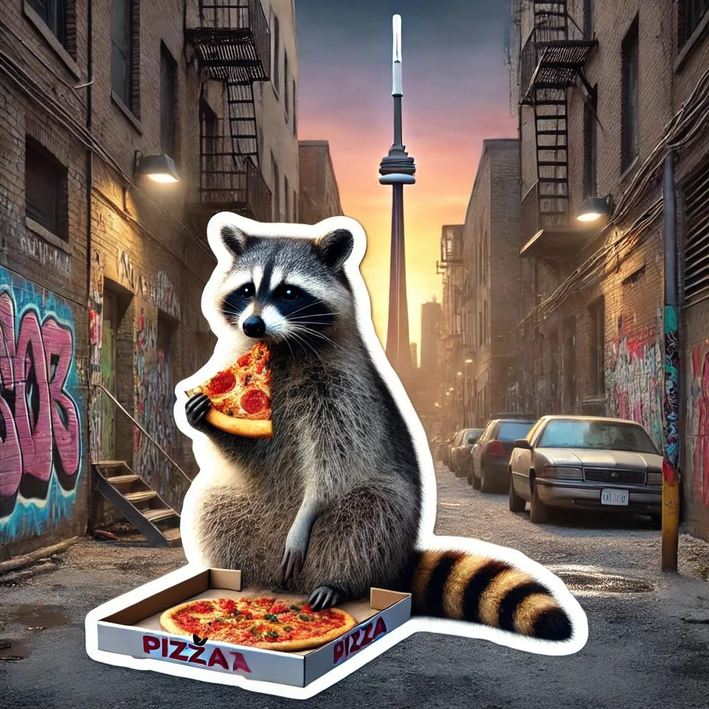 Vinyl sticker: Laptop Wall Car Window Bumper Sticker Decal Truck Waterproof Auto Water Bottle Toronto Trash Panda Realistic Raccoon Eating Pizza with Graffiti and CN Tower View