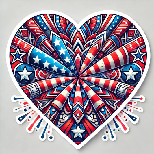Vinyl sticker: 4th of July American Flag Heart Sticker for Laptop, Wall, Car, Window, Bumper, Water Bottle - Futuristic Mandala Decal - Waterproof and Durable