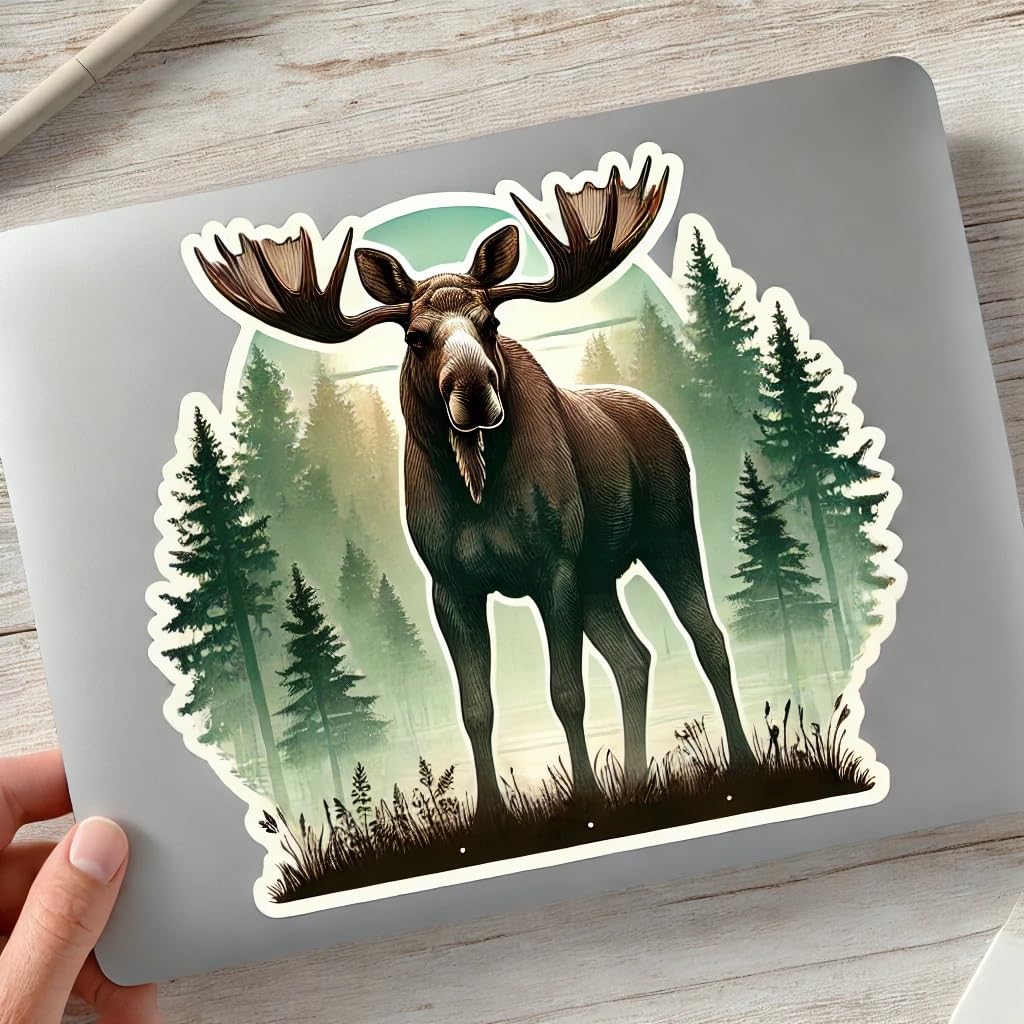 Vinyl sticker: Alaska Moose Laptop Wall Car Window Bumper Sticker Decal Truck Waterproof Auto Water Bottle Misty Forest Design