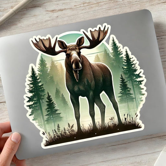Vinyl sticker: Alaska Moose Laptop Wall Car Window Bumper Sticker Decal Truck Waterproof Auto Water Bottle Misty Forest Design