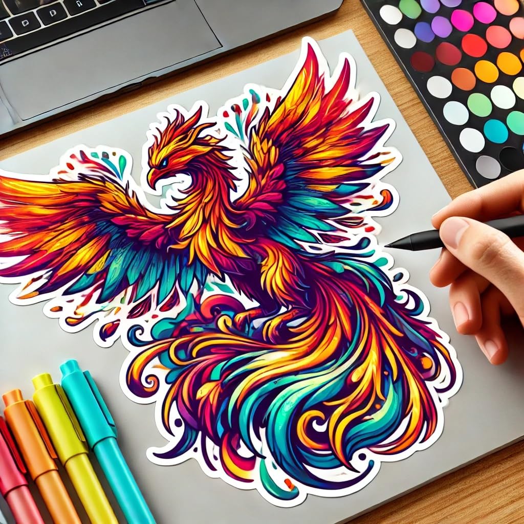 Vinyl sticker: Colorful Phoenix Mythical Creature Sticker for Laptop, Wall, Car, Window, Bumper, Waterproof Decal for Truck, Auto, Water Bottle