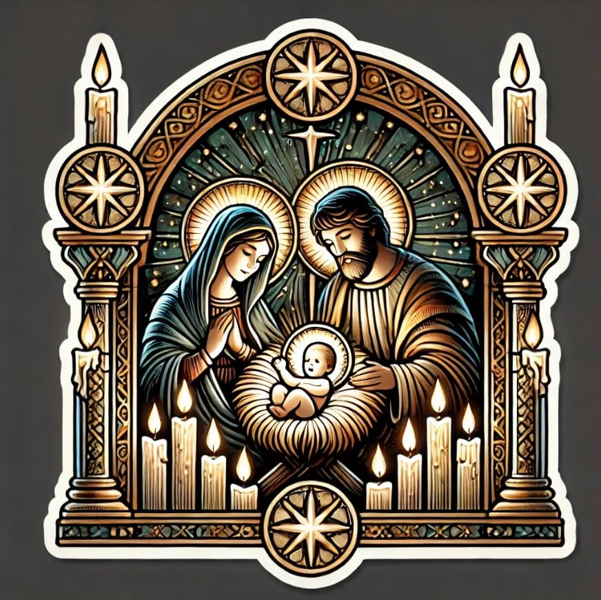 Vinyl sticker: Classic Nativity Scene with Stained-Glass Design, Laptop and Car Window Decal (6)