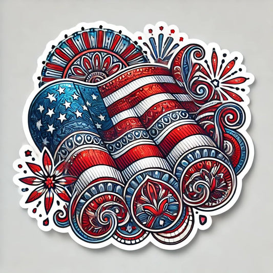 Vinyl sticker: 4th of July American Flag Banner Sticker for Laptop, Wall, Car, Window, Bumper, Water Bottle - Patriotic Decal with Mandala Center - Waterproof and Durable (6)