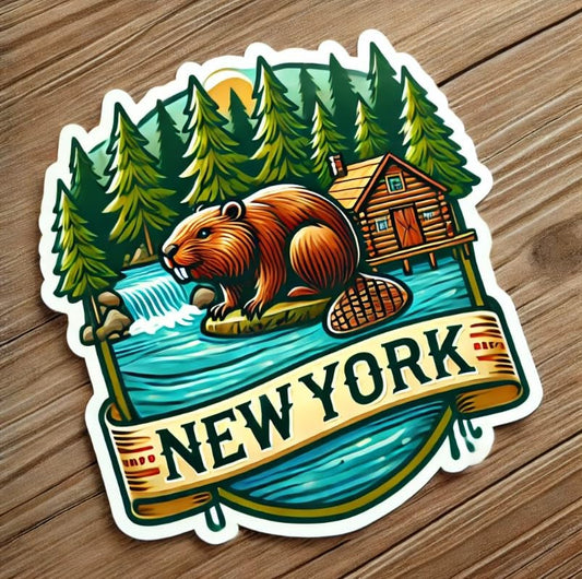 Vinyl sticker: North American Beaver Forest Scene Sticker Decal for Laptop, Wall, Car, Window, Waterproof Bumper Auto Truck Water Bottle