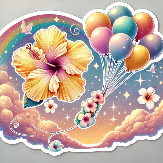 Vinyl sticker: Waterproof Laptop Car Window Bumper Wall Sticker Decal - Fantasy Hibiscus brackenridgei Floating with Balloons and Clouds in Magical Sky Scene