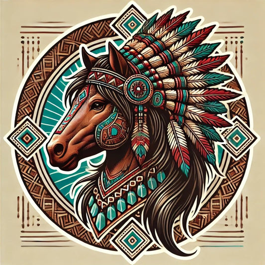 Vinyl sticker: Indian-Style Tribal Horse with Feathered Headdress Vinyl Sticker for Laptop Wall Car Window Bumper Truck Waterproof Auto Water Bottle