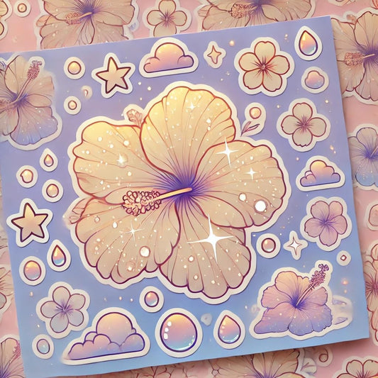 Vinyl sticker: Laptop Car Window Waterproof Wall Bumper Sticker Decal - Fantasy Hibiscus brackenridgei with Glowing Petals, Stars, and Soft Cloudy Pastel Background (6)