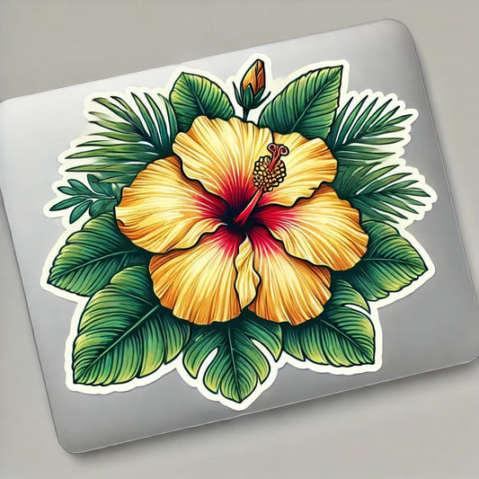 Vinyl sticker: Waterproof Laptop Wall Car Window Bumper Sticker Decal - Detailed Hibiscus brackenridgei Flower with Green Tropical Leaves and Red Center Bloom