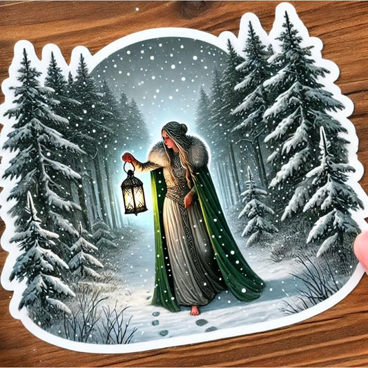 Vinyl sticker: Laptop Wall Car Window Bumper Sticker Decal Truck Waterproof Auto Water Bottle – Realistic Freyja Norse Goddess Walking with Lantern Through Snowy Forest Path