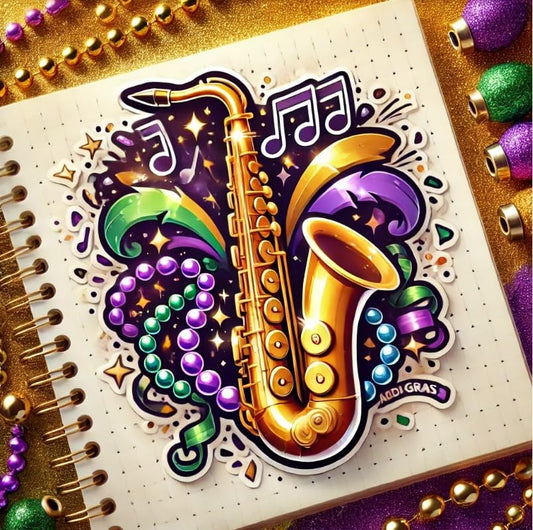Vinyl sticker: Mardi Gras Saxophone Laptop Wall Car Window Bumper Sticker Decal Truck Waterproof Auto Water Bottle